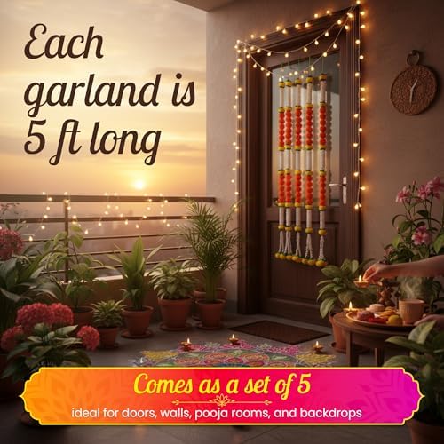 Store Indya White and Marigold Garland Flower Strings 5 Ft Each X 5 Pcs (Design 2)