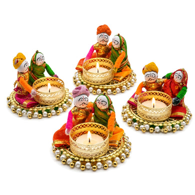 Store Indya Traditional Tea Light Candle Holders, Orange and White, Set of 4, Metallic Finish, Indoor Decor (Design 2)