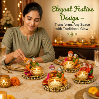 Store Indya Traditional Tea Light Candle Holders, Orange and White, Set of 4, Metallic Finish, Indoor Decor (Design 2)