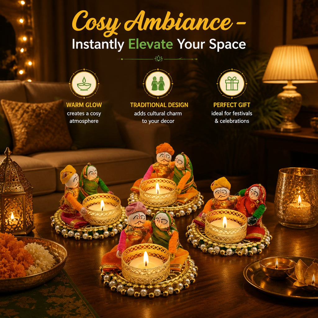 Store Indya Traditional Tea Light Candle Holders, Orange and White, Set of 4, Metallic Finish, Indoor Decor (Design 2)