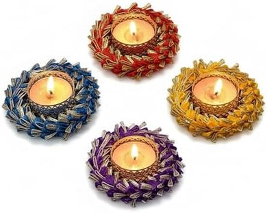 Store Indya Traditional Tea Light Holders | Set of 4 Assorted Multicolor Diyas with Gota Work | Decorative Candle Holders for