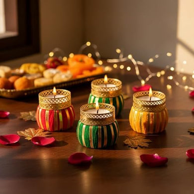 Store Indya Traditional Tea Light Candle Holders – Pack of 4 Decorative Diyas | Handcrafted Home Decor for Diwali, Weddings &