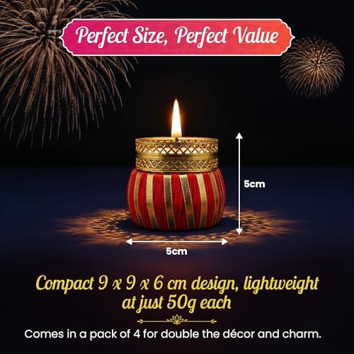 Store Indya Traditional Tea Light Candle Holders – Pack of 4 Decorative Diyas | Handcrafted Home Decor for Diwali, Weddings &