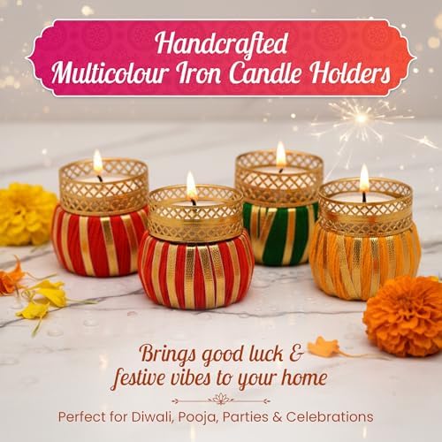 Store Indya Traditional Tea Light Candle Holders – Pack of 4 Decorative Diyas | Handcrafted Home Decor for Diwali, Weddings &
