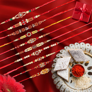Rakhi Set of 10 for Brother, Bhai, Designer Multicolored Assorted Rakhi Bracelet Set for Raksha Bandhan