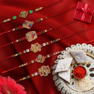 Rakhi Set of 6 for Brother, Bhai, Designer Multicolored Assorted Rakhi Bracelet Set for Raksha Bandhan