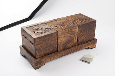 Tea Boxes Wooden/Tea Box Organizer/Tea Box Holder/Tea Storage Box/Tea Chest Boxes/Wood Tea Box Handmade Wooden Teabags Holder Chest Organizer (Elephant Trio Collection)