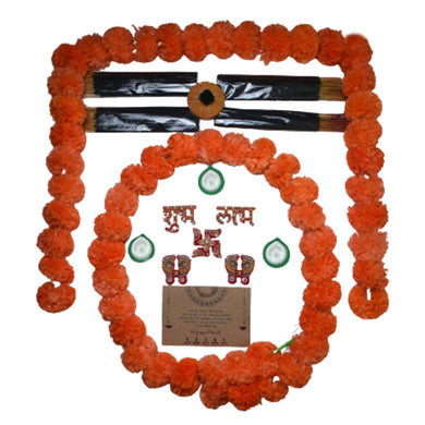 Pooja Set Combo- 2 Orange Marigold Wall Hangings, 3 Tealight Candle Holder Diyas, Acrylic Stickers, Incense Sticks with Holder