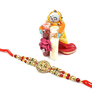 Raksha Bandhan Rakhi Combo Pack-Ganesha Rakhi with Greeting Card & Roli Chawal (Rakhi-8484-Roli Chawal-01)