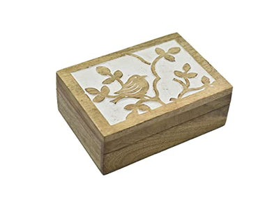 Hand Carved Wooden Jewelry Keepsake Trinket Storage Box Organizer Holder with Bird Carvings and Whitewash finish Handmade Box for Girl Women