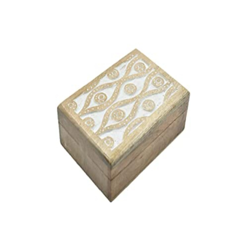 Hand Carved Wooden Jewelry Keepsake Trinket Storage Box Organizer Holder with carving & Whitewash Finish | Box for Girl Women