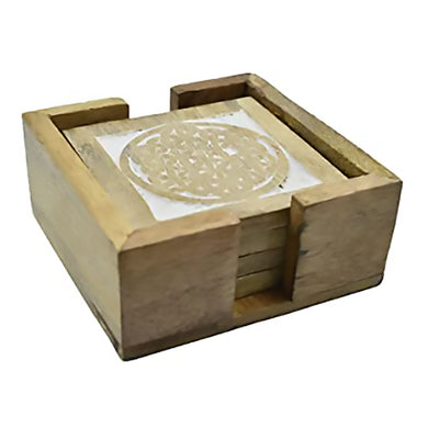 Set of 4 Wooden Square Coasters w/ Holder for Tea, Coffee, Beer & Wine Glasses - 5027