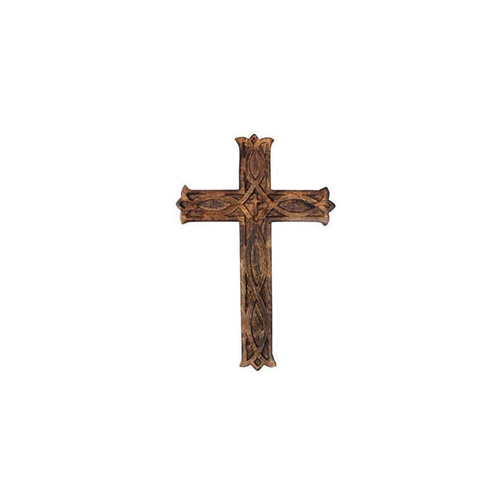 Hand Carved wooden Long Wall Hanging French Cross (Antique Design- Brown)