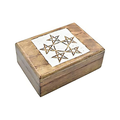 Whitewashed Wooden Hand Carved Decorative Box with Pentagram Carving-Jewelry Organizer, Keepsake Box, and Trinket Holder -Gift for Women & girls