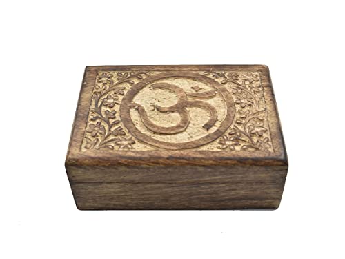 Hand Carved Wooden Jewelry Keepsake Trinket Storage Box Organizer Holder with OM & Floral Carvings on Top Handmade Box for Gi