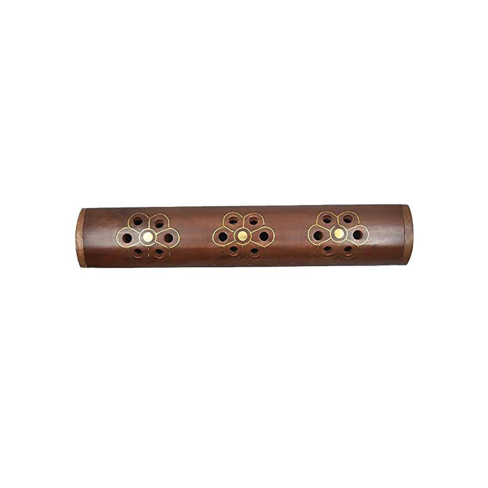 Rosewood Coffin Incense Burner Holder with Storage Compartment and Mughal Inspired Brass Inlay, 12 x 2 inches - Black