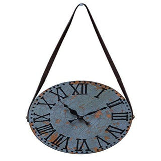 STORE INDYA,Blue Wall Clock Wooden Handcraft Decorative Large Vintage Style for Living Room Rustic Round Roman Numeral