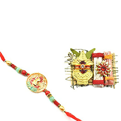 Raksha Bandhan Combo Pack for Brother-Ganesha Design Rakhi with Greeting Card & Roli Chawal(Ganesh on Lotus-Roli Chawal-06)