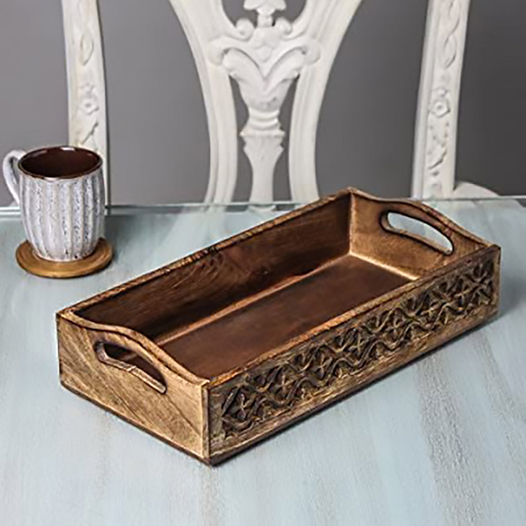 Rustic Wooden Serving Tray with Hand Carved Floral Design (14