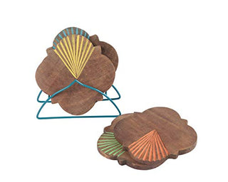 Store Indya Wooden Coasters 6-Pack Set (Colorful Fan Shaped - Brown)