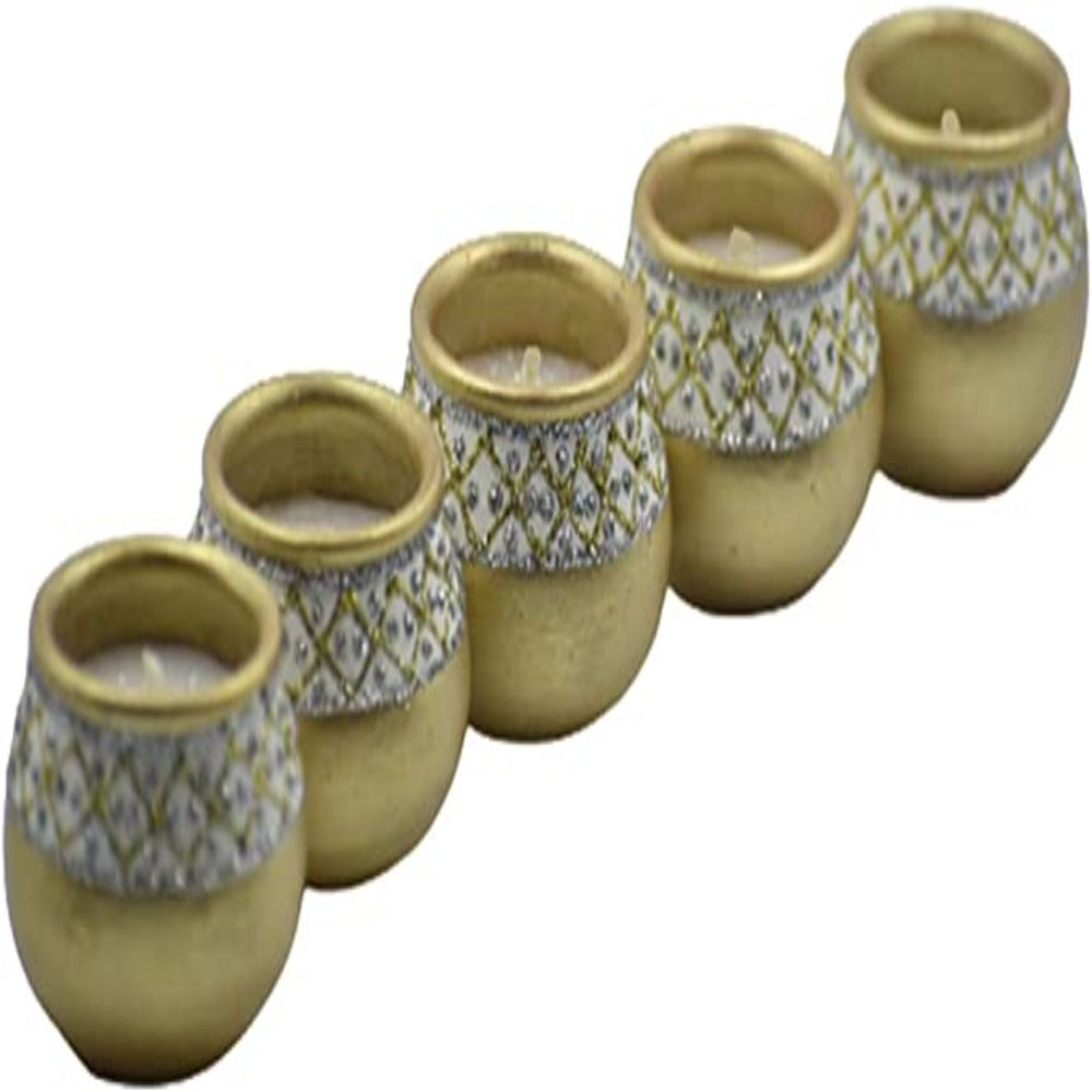 Set of 5 Handmade Matki Diyas with Tray, Tealight Holder and Greeting Card for Diwali Decoration and Gifts(Golden)