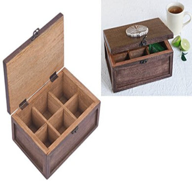 Collectible Wooden Tea Box Chest with 6 Compartments Teabags Condiments Spices Holder Organizer Keepsake Storage Box Handmade with Floral Design