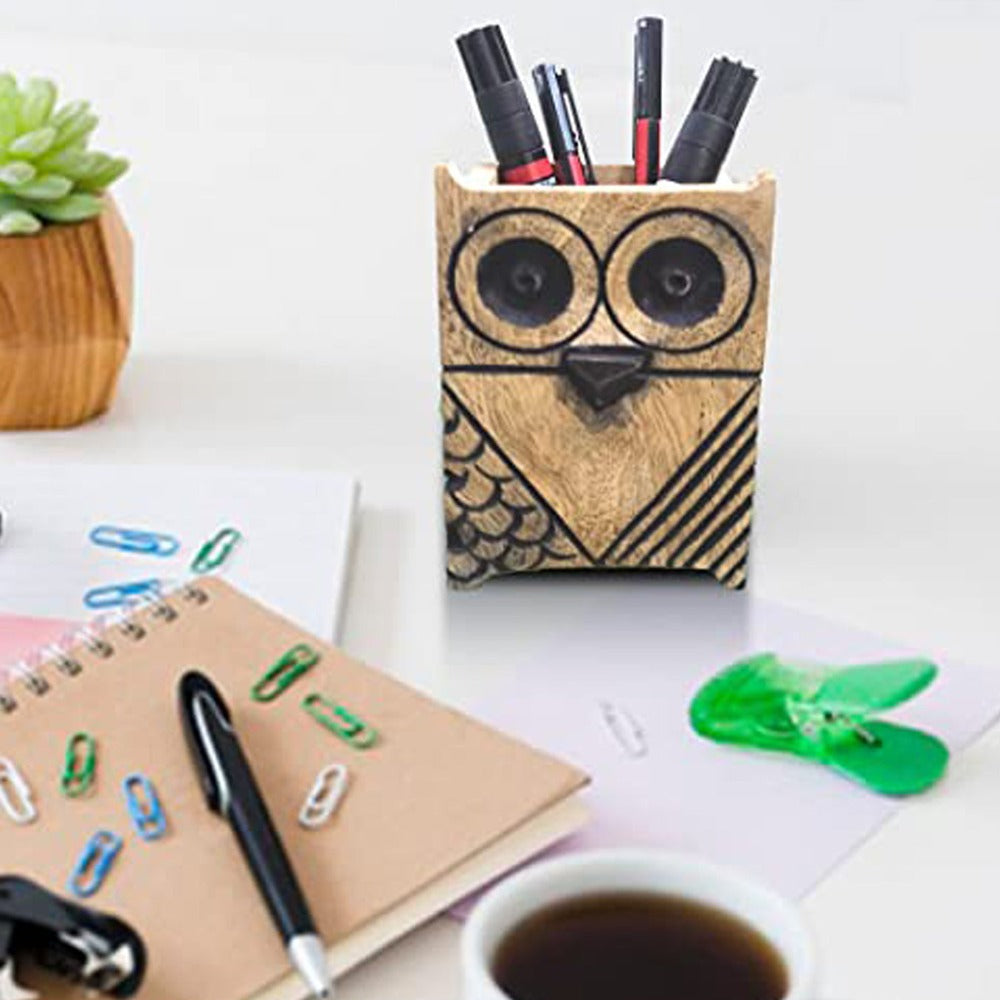 Hand-Carved Owl Eye Glasses Stand and Pen Holder - Unique Wooden Home and Office Accessories