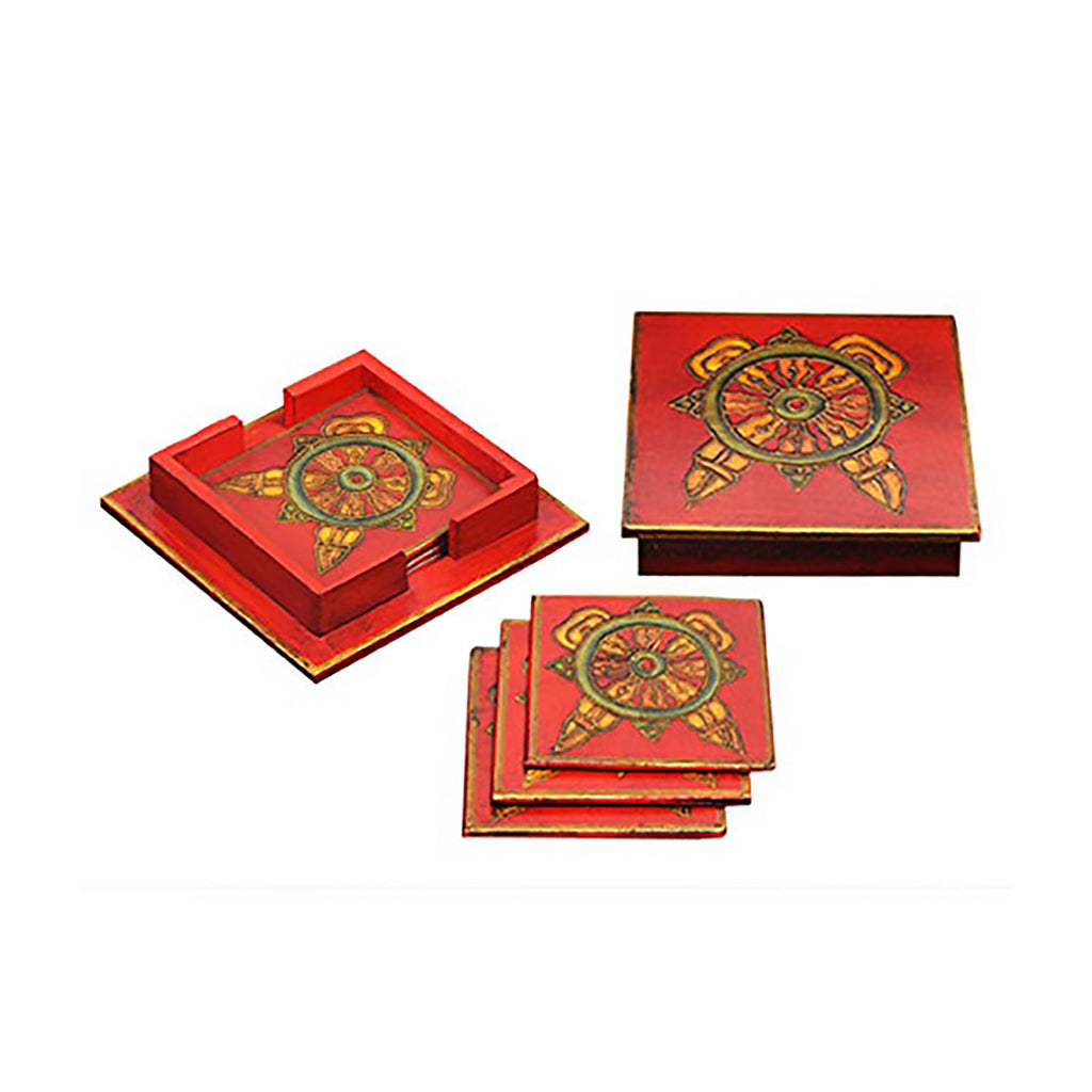 Set of 4 Wooden Coasters (Red - Mandala)