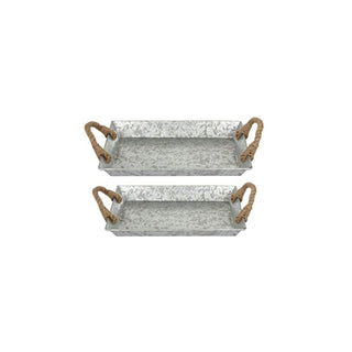 Set of 2 Galvanized Metal Trays-Rustic Decorative Serving Trays with Rope Handles