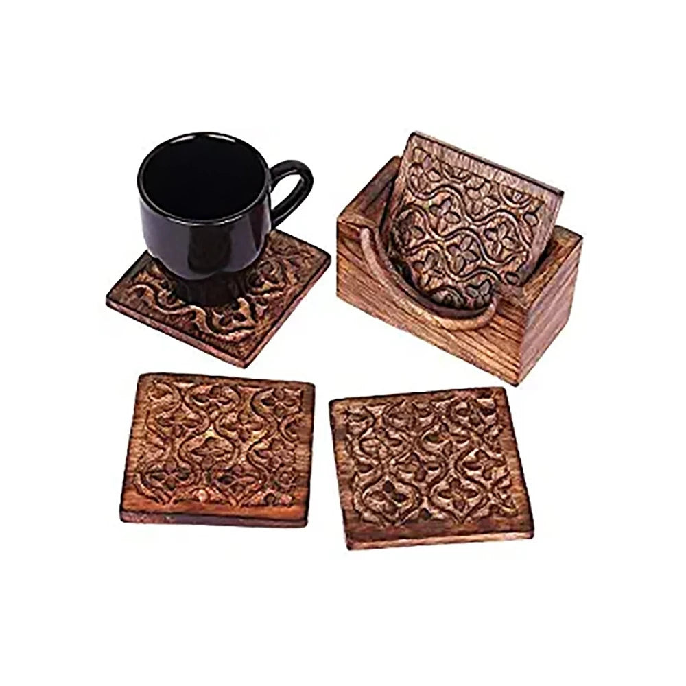 Set of 4 Handmade Wooden Coaster with Holder-Unique Bar Décor Accessories-Best Housewarming Gift (Design 13)