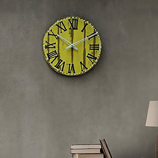 Bohemian Rustic Wooden Wall Clock with Jute Strap - Yellow Round Decor-11 Inch