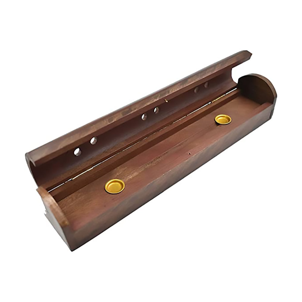 Rosewood Coffin Incense Burner Holder with Storage Compartment and Mughal Inspired Brass Inlay, 12 x 2 inches - Black