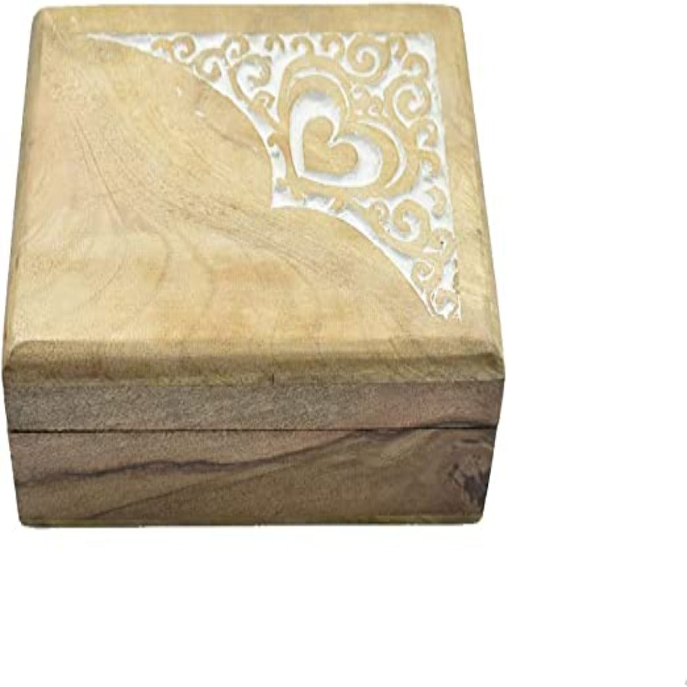 Wooden Hand Carved Decorative Box with Heart Shape & Floral Carving On Top | Whitewash Finish | Jewelry Organizer Keepsake Box | Gifts for Women