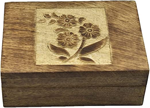 Hand Carved Wooden Decorative Box with Flower Carving | Jewelry & Keepsake Organizer | Gift for Women