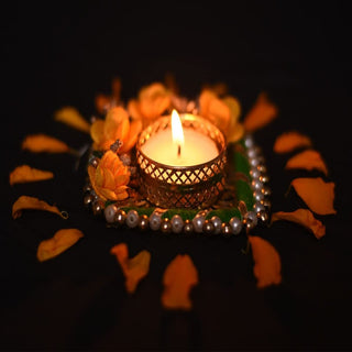 Set of 5 Fancy Pooja Diyas with Rose Decorated Tealight Holder for Home Decor and Gift