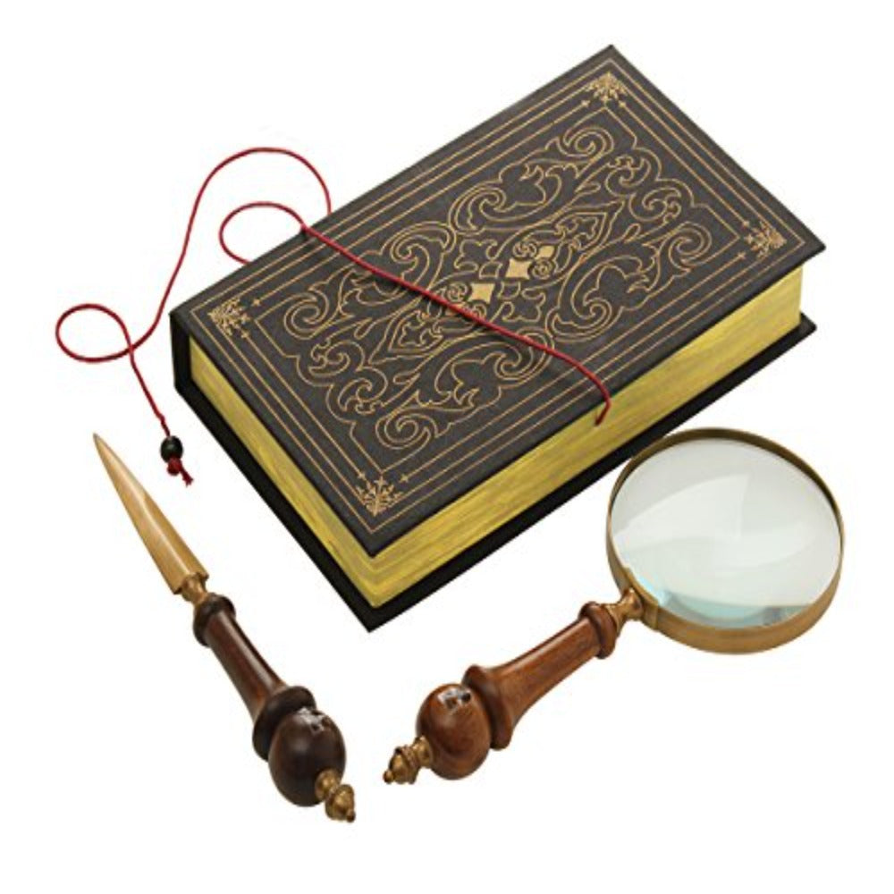 STORE INDYA Handheld Vintage Wooden Handcrafted Magnifier and Letter Opener Set Mango Wood with a Royal Feel with Book Shaped Gift Box - Round Handle
