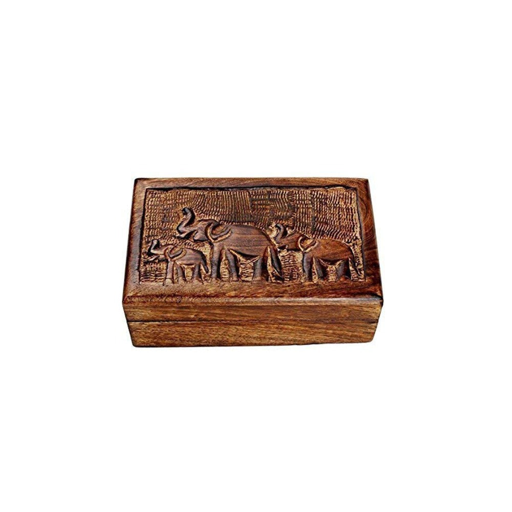 Hand Carved Wooden Jewelry Keepsake Storage Box w/ Elephant Design-Perfect for Black Friday & Christmas Gift
