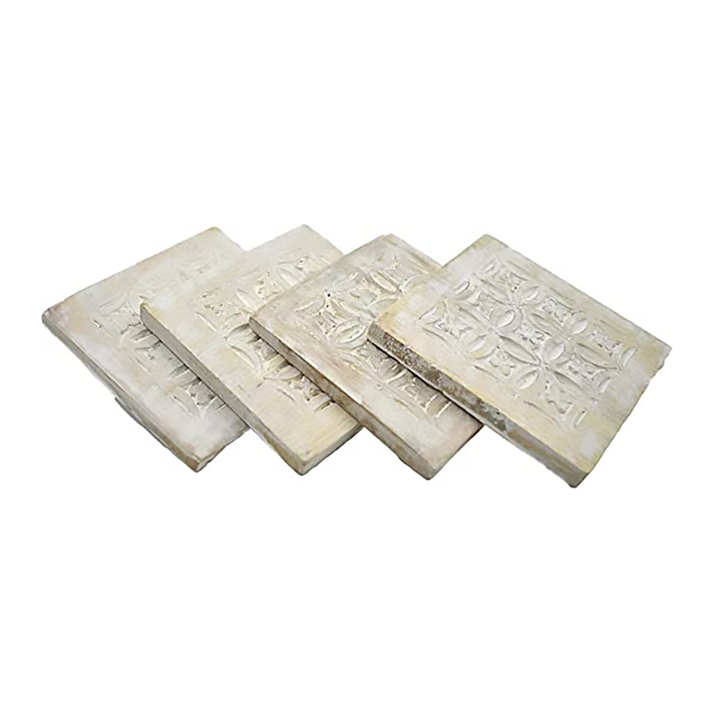 Whitewash Wooden Square Coasters with Holder for Beer, Wine, Tea & Coffee Glass Drinks (Set of 4)