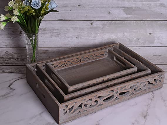 Set of 3 Vintage Rustic Wooden Serving Trays with Handle - Nesting Multipurpose Trays
