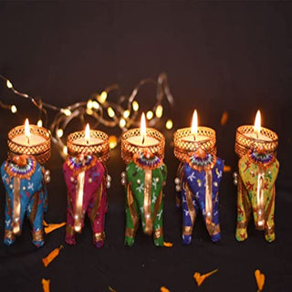 Set of 5 Fancy Elephant Diyas with Tealight Holder for Home Decor and Gifts