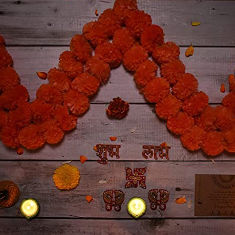 Pooja Set Combo- 2 Orange Marigold Wall Hangings, 3 Tealight Candle Holder Diyas, Acrylic Stickers, Incense Sticks with Holder