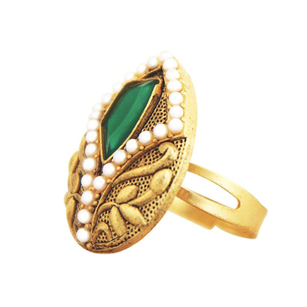 Women's Christmas Faux Gold Carved Rhinestone Finger Ring - Indian Ethnic Kundan White Pearl (Green)