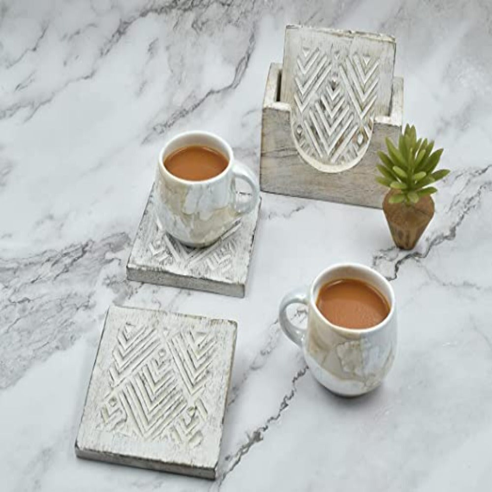 Set of 4 Geometrically Carved Whitewashed Wooden Coasters with Holder - Perfect for Any Size Drinkware