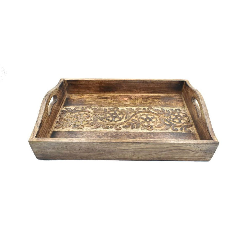 Hand Carved Wooden Breakfast Serving Tray w/ Handle 15x10in | Tea Snack Dessert Serve-Ware Accessories | 2045