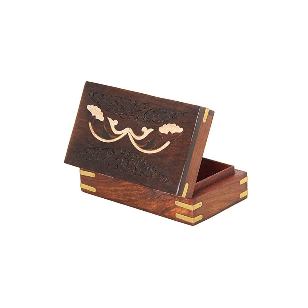 Handmade Decorative Wooden Jewelry Box - Floral Carvings & Brass Inlays-Trinket Chest, Keepsake Box & Home Decor Gift