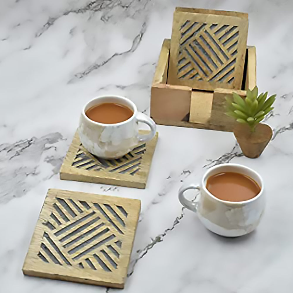 Wooden Square Coasters w/ Holder Set of 4 - Perfect for Tea Coffee Beer Wine Glass Drinks - 5024