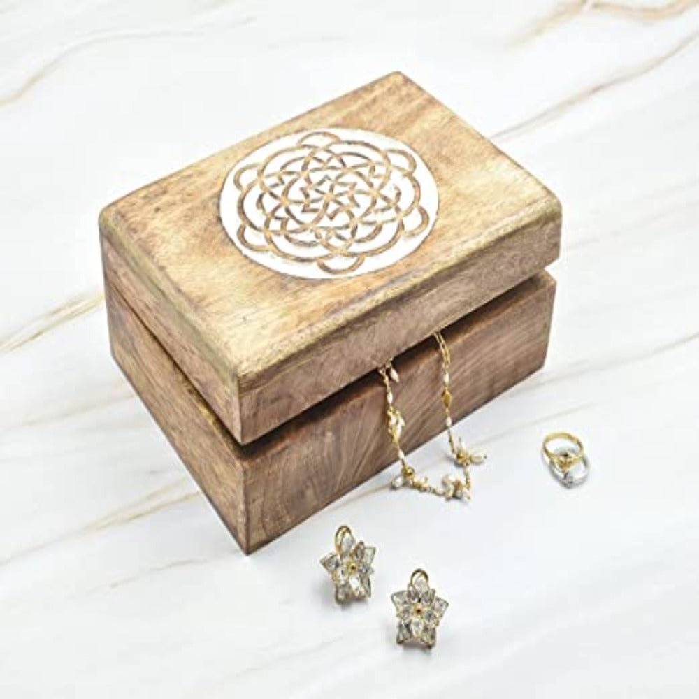 Handmade Mandala Carved Wooden Jewelry Box with Whitewash Finish - Gift for Women