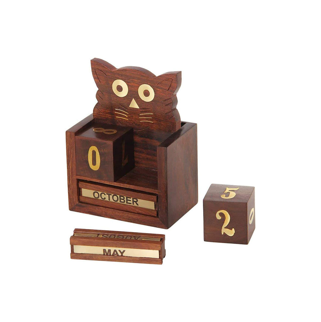Handcrafted Wooden Cat Perpetual Calendar - Vintage Look Desk Block with Brass Inlay - Perfect for Home or Office Décor