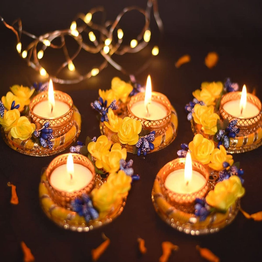 Set of 5 Fancy Rose Decorated Pooja Diyas with Tealight Holders | Home Decor and Gift Items