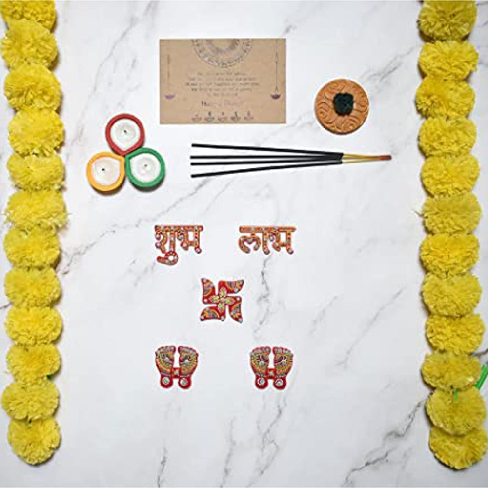Pooja Set Combo- 2 Yellow Marigold Wall Hangings, 3 Tealight Candle Holder Diyas, Acrylic Stickers, Incense Sticks with Holder